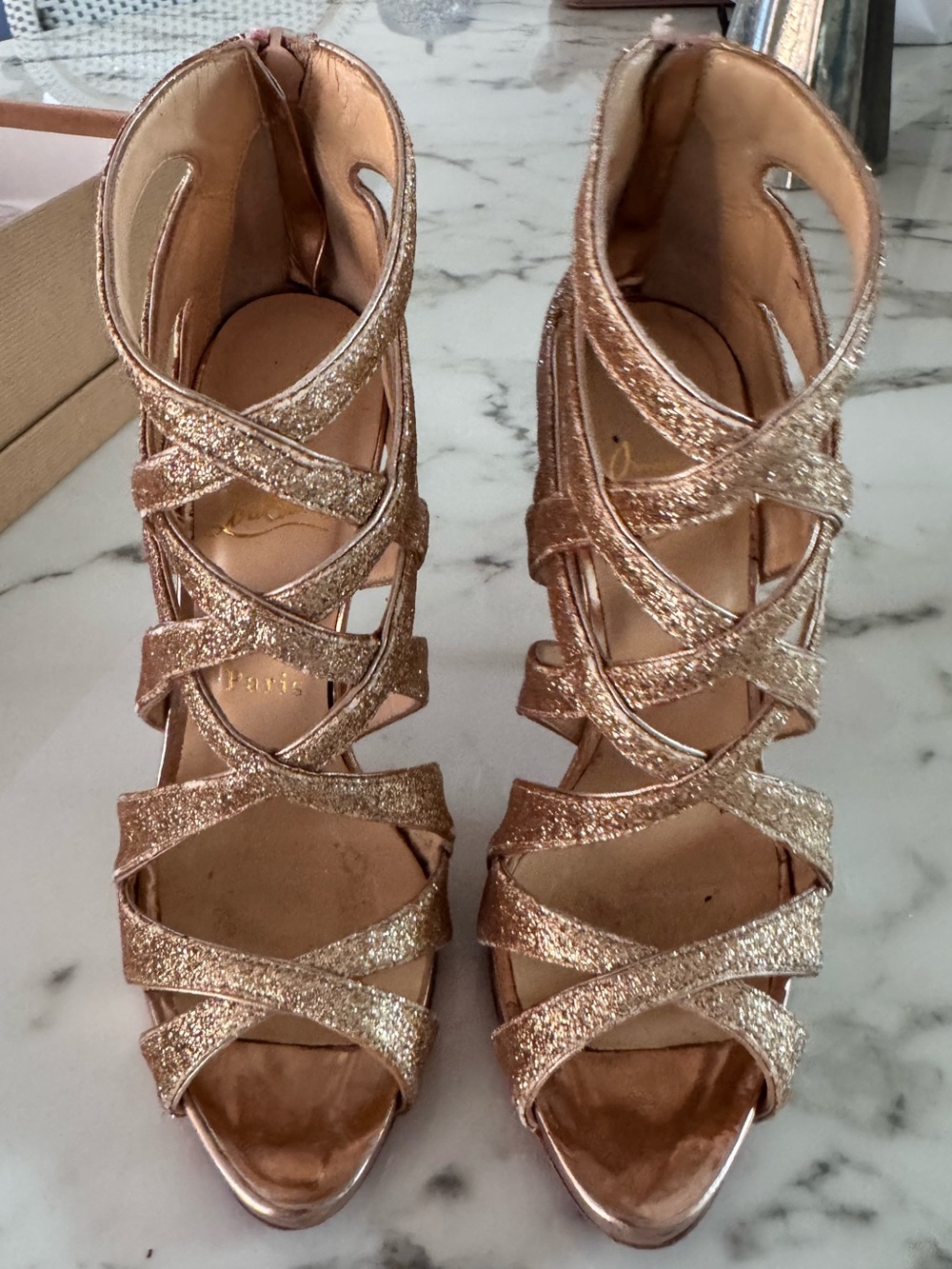 Christian Louboutin Sparkly Rose Gold Strappy Sandal Heels